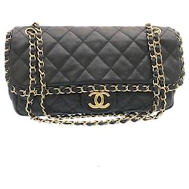 Chanel-CHANEL Matelasse Bolso de hombro con solapa de cadena Piel de cordero Negro Oro CC Auth 27027EN-Negro,Dorado