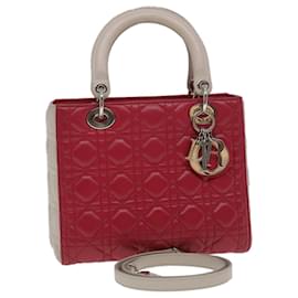Christian Dior-Christian Dior Lady Dior Cannage Medium Hand Bag Lamb Skin Red White Auth 29502a-White,Red