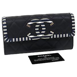 Chanel-Cartera larga CHANEL Matelasse Cruise Line Caviar Skin Navy CC Auth 29542EN-Azul marino