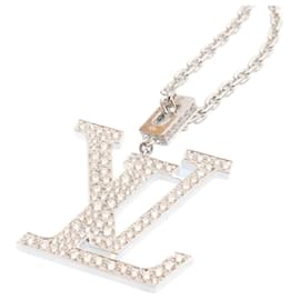 Louis Vuitton-Colar LOUIS VUITTON Pandantif LV XL Ouro Branco Diamante Q93821 auth 27695NO-Prata