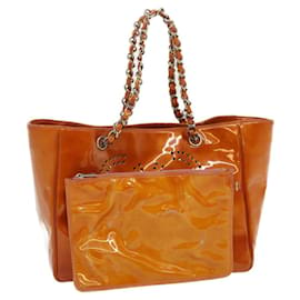 Chanel-CHANEL Triple Coco Punching Tote Bag Enamel Orange CC Auth jk1218a-Orange