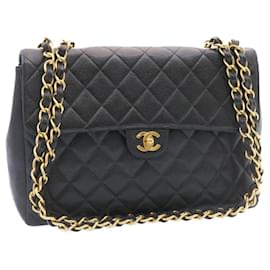 Chanel-CHANEL Big Matelasse Flap Chain Shoulder Bag Caviar Skin Black Gold Auth 25984a-Black,Golden