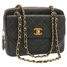 Chanel-CHANEL Lamb Skin Matelasse Chain Shoulder Bag Black Gold CC Auth 26128a-Black,Golden