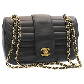 Chanel-CHANEL Lamb Skin Double Flap Chain Shoulder Bag Black CC Auth 26207A-Black