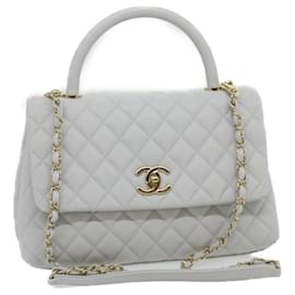 Chanel-CHANEL Bolsa de Ombro com Corrente Matelassê Pele de Caviar 2maneira branca CC Auth bs910NO-Branco