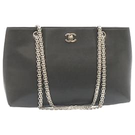 Chanel-CHANEL Bolso de hombro con cadena de piel de caviar Cuero Negro CC Auth 28395EN-Negro