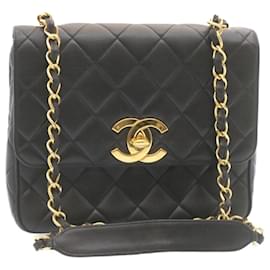 Chanel-Borsa a tracolla con patta a catena CHANEL Matelasse pelle di agnello nero oro CC Auth 28632alla-Nero,D'oro