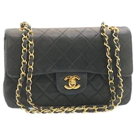 Chanel-CHANEL Classic Matelasse 23 Bolsa de ombro com aba de corrente pele de cordeiro preta autêntica 28634NO-Preto,Dourado