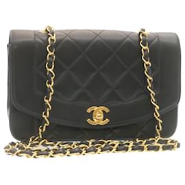 Chanel-CHANEL Chain Turn Lock Diana Matelasse Shoulder Bag Lamb Skin Black Auth 28643a-Black