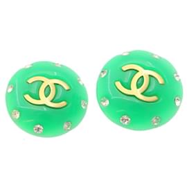 Chanel-CHANEL Brinco Clip-on Gold Tone Green CC Auth ar4783NO-Outro,Verde