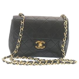 Chanel-CHANEL Mini Matelasse Chain Flap Bolsa de Ombro Pele de Cordeiro Preto Ouro Autêntico hs648NO-Preto,Dourado