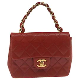 Chanel-CHANEL Mini Matelasse Chain Flap Bolsa de Mão Pele de Cordeiro Vermelho Ouro CC Auth hs688NO-Vermelho,Dourado