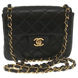 Chanel-CHANEL Mini Matelasse Bolso de hombro con solapa de cadena Piel de cordero Oro negro Auth hs689EN-Negro,Dorado