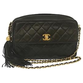Chanel-CHANEL Matelasse Bolso de hombro con cadena Piel de cordero Flecos Oro negro CC Auth hs691EN-Negro,Dorado