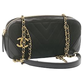 Chanel-CHANEL Lamb Skin V Stitch Chain Shoulder Bag Black CC Auth fm453a-Black