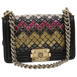 Chanel-CHANEL Boy Chanel Chain Shoulder Bag Tile Black Multicolor CC Auth 29551a-Black,Multiple colors