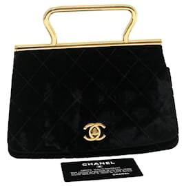 Chanel-CHANEL Turn Lock Flap Matelasse Hand Bag velvet Black Gold CC Auth 29565a-Black,Golden