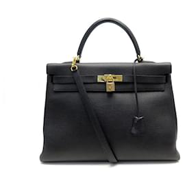 Hermès-Hermès Kelly handbag 35 RETURNE BLACK GRAINED LEATHER SHOULDER STRAP HAND BAG PURSE-Black