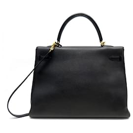Hermès-Hermès Kelly handbag 35 RETURNE BLACK GRAINED LEATHER SHOULDER STRAP HAND BAG PURSE-Black