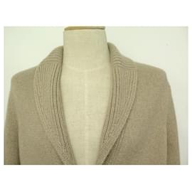 Hermès-HERMES VEST CARDIGAN CASHMERE & ZIBELINE AND CALF LEATHER L 52  SWEATER JACKET-Beige