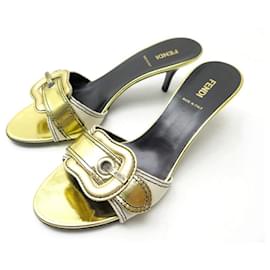 Fendi-NEW FENDI B BUCKLE SHOES 38.5 GOLD LEATHER MULES WITH HEELS + SHOES BOX-Golden