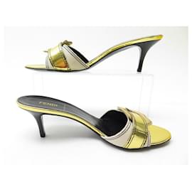 Fendi-NEW FENDI B BUCKLE SHOES 38.5 GOLD LEATHER MULES WITH HEELS + SHOES BOX-Golden