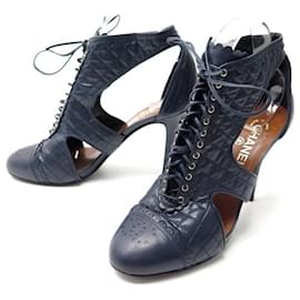 Chanel-SHOES ANKLE BOOTS CHANEL LOGO CC BLUE QUILTED LEATHER 40 LOW BOOTS SHOES-Navy blue