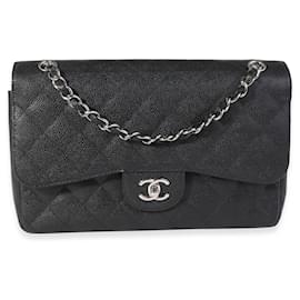 Chanel-Chanel Black Quilted Caviar Jumbo Classic Double Flap Bag -Black