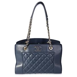 Chanel-Chanel Navy Quilted Leather Mademoiselle Vintage Shopping Tote-Blue