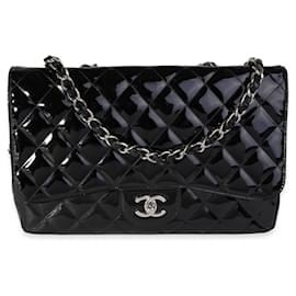 Chanel-Chanel Black Quilted Patent Leather Jumbo Classic Single Flap Bag -Black