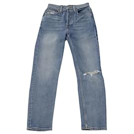 Re/Done-Jeans Reto Cropped Distressed Refeito em Blue Denim-Azul,Azul claro