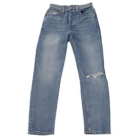 Re/Done Redone Cropped Distressed Straight Jeans in Blue Denim Blue Light blue