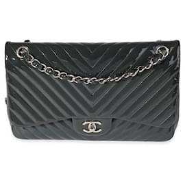 Chanel-Chanel Navy Chevron Quilted Patent Jumbo Classic Double Flap Bag -Blue