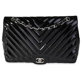 Chanel-Chanel Black Chevron Quilted Patent Leather Jumbo Classic Single Flap Bag -Black
