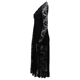 Ganni-Ganni Deep Neckline Lace Midi Dress in Black Polyamide Blend-Black