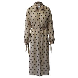Nanushka Zahara Polka-Dot Print Flared Chiffon Dress in Beige Polyester Beige
