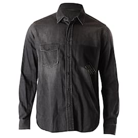 Saint Laurent-Saint Laurent Camisa com botão na bainha desfiada em jeans de algodão cinza-Cinza