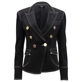 Blazer Balmain foderato in denim di cotone nero impunturato Nero