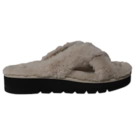 Stuart Weitzman-Stuart Weitzman Roza Lift Slides Sandals in Cream Faux Fur-White,Cream