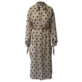 Nanushka Zahara Polka-Dot Print Flared Chiffon Dress in Beige Polyester Beige