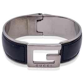 Gucci-Bracelet en acier inoxydable avec logo G en cuir verni noir-Noir