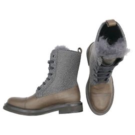 Botins Brunello Cucinelli em couro cáqui com acabamento Monili e forro de pele cinza Verde Caqui