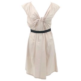Vestido Lanvin de algodón beige con cinturón negro Blanco Crudo