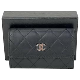 Chanel-Chanel Wallet Classic Flap Quilted Black Lambskin Mini Wallet Card Holder B491 -Black