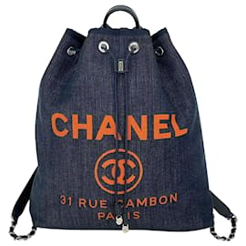 Chanel-Chanel Bag Deauville Soft Backpack Travel Bag Blue Denim Canvas Leather Dc18 -Blue