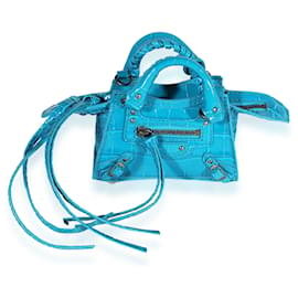 Balenciaga-Balenciaga Bright Blue Crocodile-embossed Neo Classic Super Nano Bag-Blue