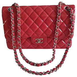 Chanel-Chanel Red Patent Leather Jumbo Classic lined Flap Chain Strap Shoulder Bag-Red
