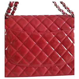 Chanel-Chanel Red Patent Leather Jumbo Classic lined Flap Chain Strap Shoulder Bag-Red