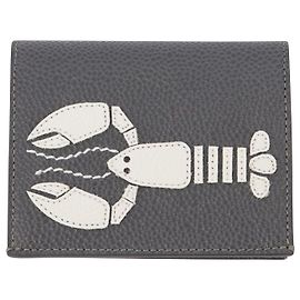 Thom Browne Double Card Holder W/ Lobster Icon Applique In Pebble Grain Leather Grey