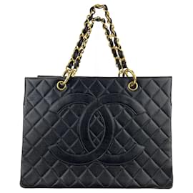 Chanel-Chanel Vintage Grand Shopping Tote Black Quilted Caviar Leather Hand Bag C105 -Black